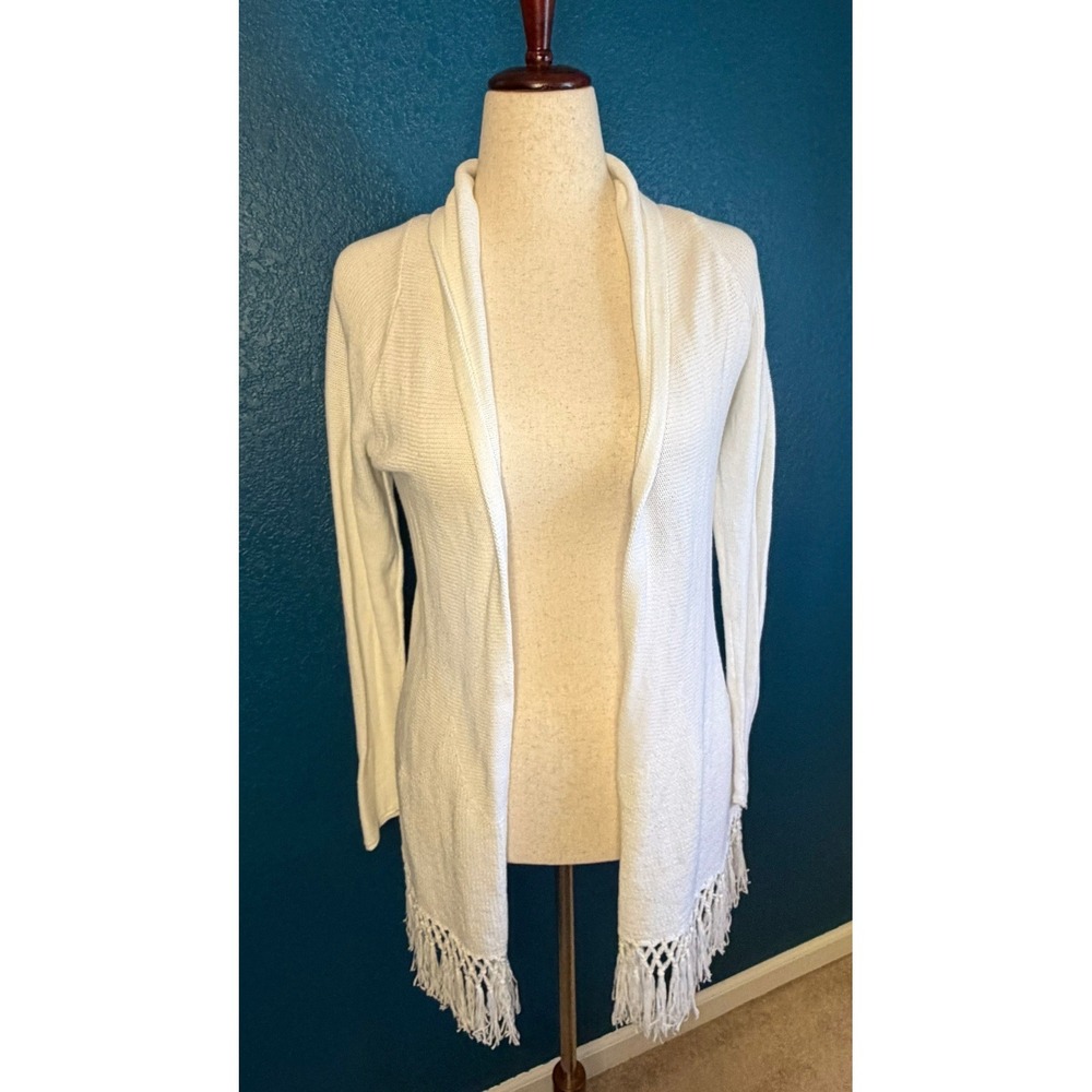Lily Pulitzer White Open Front Fringe Hem Shawl Collar Knit Cardigan Sweater W